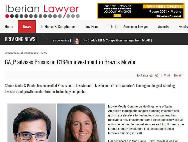 GA_P advises Prosus on 164m investment in Brazil's Movile